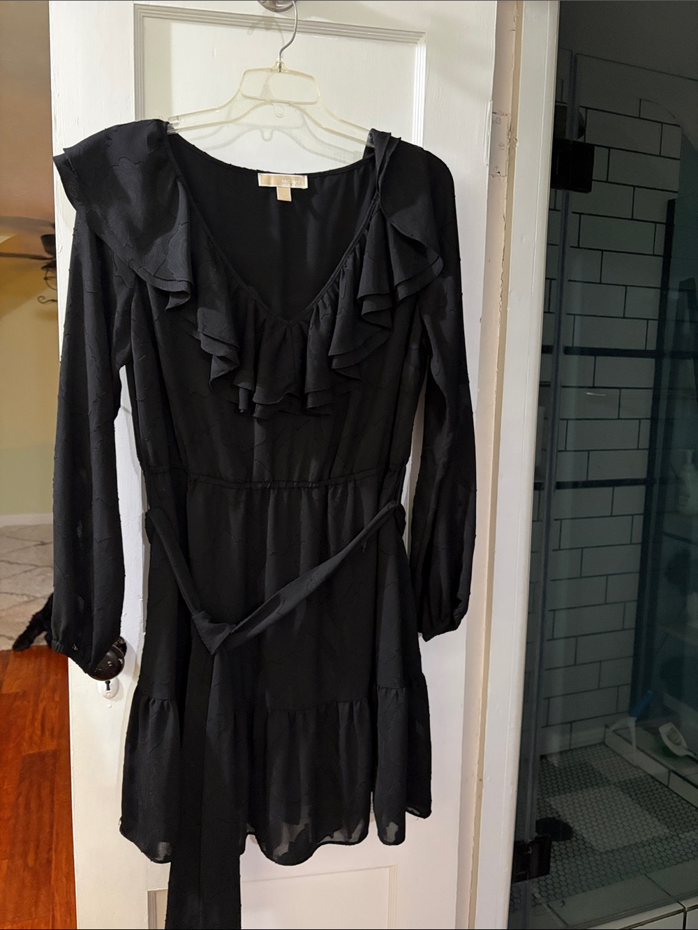 MICHAEL Michael Kors Black Ruffle V-Neck Long Sleeve Dress
